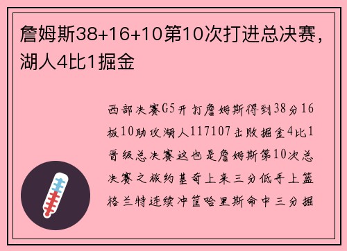 詹姆斯38+16+10第10次打进总决赛，湖人4比1掘金